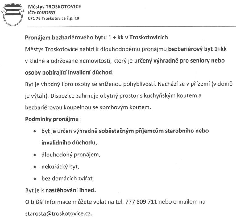 Pronájem bytu Troskotovice